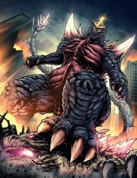 alien building city claws clone cloud cloudy_sky crest crossover crystal debris destruction fire giant giant_monster gills glowing glowing_crystal glowing_eyes glowing_gills glowing_mouth glowing_spikes godzilla godzilla_(monsterverse) godzilla_(series) godzilla_evolved godzilla_vs._spacegodzilla godzilla_x_kong:_the_new_empire highres horns kaiju king_kong_(series) legendary_pictures monster monsterverse no_humans open_mouth overcast pink_eyes reflection rubble sharp_teeth shoulder_spikes sky skyscraper smoke space_monster spacegodzilla spiked_tail spikes stepping_on_another&#039;s_head tail teeth thomdotartz toho tongue tusks