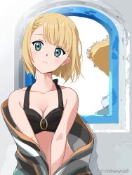 Rule 34 | 1girl, 22/7, artist name, bikini, black bikini, blonde hair, bob cut, breasts, closed mouth, collarbone, expressionless, green eyes, highres, indoors, inverted bob, nanairo (nanairo227), no hairband, official alternate costume, saito nicole, short hair, standing, swimsuit, upper body, v arms, window