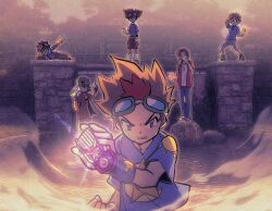 Rule 34 | 6+boys, brown hair, clenched hand, d-3 (digimon), d-scanner, daimon masaru (digimon savers), digimon, digimon adventure, digimon adventure 02, digimon frontier, digimon savers, digimon tamers, digimon xros wars, digimon xros wars: toki wo kakeru shounen hunter-tachi, digivice, highres, holding, in-franchise crossover, kanbara takuya, matsuda takato, motomiya daisuke, multicolored hair, multiple boys, oh sorry 01, red hair, short hair, solo focus, two-tone hair, yagami taichi