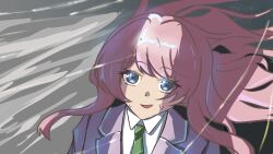 1755328969 1girl absurdres bang_dream! bang_dream!_it&#039;s_mygo!!!!! blazer chihaya_anon chinese_commentary collared_shirt commentary_request dated green_necktie grey_eyes grey_jacket haneoka_school_uniform highres jacket long_hair necktie nervous_smile nervous_sweating open_mouth pink_hair school_uniform shirt signature smile solo sweat sweatdrop upper_body white_shirt wind