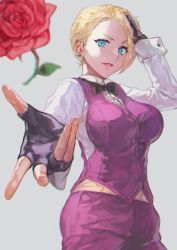 1girl black_bow black_gloves blonde_hair blue_eyes bow bowtie breasts earrings fingerless_gloves flower gloves half_gloves hand_in_own_hair hand_on_own_head highres jewelry king_(snk) long_sleeves looking_at_viewer open_mouth otsudou red_flower red_rose rose ryuuko_no_ken short_hair simple_background smile solo the_king_of_fighters the_king_of_fighters_xv tossing upper_body white_background