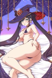 1girl absurdres artist_name ass barefoot bikini black_choker breasts brown_hair choker commentary covered_erect_nipples earrings faenatical feet genshin_impact hat highres jewelry large_breasts long_hair lying mona_(genshin_impact) on_bed on_side purple_bikini solo stomach swimsuit thong thong_bikini twintails very_long_hair witch_hat