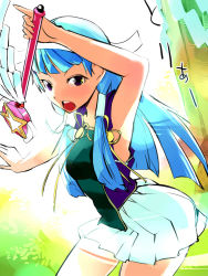 00s 1girl armpits blue_hair blunt_bangs female_focus hair_tubes hairband headband igarashi_mangou kannagi long_hair maaden nagi nature outdoors pleated_skirt purple_eyes skirt solo wand white_skirt