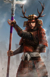 Rule 34 | armor, banner, fake horns, glint, helmet, horned helmet, horns, male focus, mitsuya, polearm, sanada yukimura (sengoku musou), sengoku musou, spear, weapon