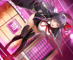 1girl bb_(fate) bb_(fate/extra) black_coat black_skirt black_thighhighs blush breasts coat collared_shirt fate/extra fate/extra_ccc fate/grand_order fate_(series) gloves hair_ribbon highres large_breasts leaning_forward long_hair long_sleeves looking_at_viewer neck_ribbon nishiide_kengorou open_clothes open_coat open_mouth pointer popped_collar purple_eyes purple_hair red_ribbon ribbon shirt skirt smile solo thighhighs thighs very_long_hair white_gloves white_shirt wide_sleeves