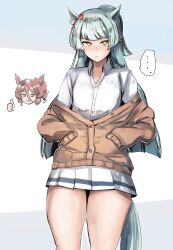 2girls absurdres animal_ears blunt_ends blush bow braid brown_cardigan brown_eyes brown_hair cardigan closed_mouth commentary cosplay cowboy_shot crown_braid dress_shirt drill_hair ear_ribbon folded_ponytail frown fujimasa_march_(umamusume) green_hair hands_in_pockets highres horse_ears horse_girl horse_tail kanikama25 long_hair long_sleeves looking_at_viewer miniskirt multiple_girls norn_ace_(umamusume) norn_ace_(umamusume)_(cosplay) off_shoulder partially_unbuttoned pleated_skirt shirt simple_background skirt solo_focus standing straight_hair tail thumbs_up umamusume umamusume:_cinderella_gray white_shirt white_skirt wing_collar yellow_eyes