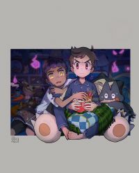 2boys alternate_costume barefoot bo9_(bo9_nc) book border bowl brown_eyes brown_hair charizard claws closed_mouth commentary dark-skinned_male dark_skin dated feet_together food gastly gen_1_pokemon gen_4_pokemon gen_6_pokemon gen_7_pokemon gen_8_pokemon grey_pants grey_shirt highres holding holding_bowl holding_phone hop_(pokemon) indoors inteleon knees_apart_feet_together long_sleeves male_focus mimikyu multiple_boys munchlax nintendo open_mouth pajamas pants phantump phone pikachu plaid pokemon pokemon_(creature) pokemon_swsh popcorn purple_hair rotom rotom_phone scarf shirt short_hair signature sitting snorlax swept_bangs symbol-only_commentary t-shirt tearing_up teeth toes tongue upper_teeth_only victor_(pokemon) white_shirt yellow_eyes