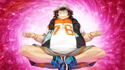 Rule 34 | 1boy, black vest, blue shoes, brown hair, butterfly sitting, clenched teeth, drooling, fat, fat man, floating, fukuda tomonori, glasses, grey shorts, grin, hashida itaru, hat, highres, hood, hooded vest, hoodie, light particles, lotus position, meditation, mouth drool, mudra, non-web source, official art, opaque glasses, orange shirt, orange shorts, pervert, purple background, robotics;notes, saliva, shirt, shoelaces, shoes, shorts, sitting, sleeveless vest, smile, sneakers, solo, striped clothes, striped shirt, striped shorts, t-shirt, teeth, v-shaped eyebrows, vest, white shirt, wristband