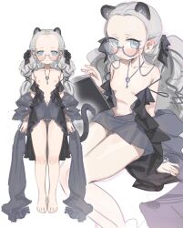 1girl animal_ears barefoot blue_eyes blush book breasts dress flat_chest forehead full_body glasses grey_hair highres holding holding_book jewelry key key_necklace long_hair looking_at_viewer multiple_views navel necklace nemo_(leafnight) nipples original small_breasts tail