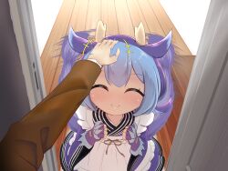 1boy 1girl absurdres apron blue_hair blush closed_eyes closed_mouth dragon_girl dragon_horns dragon_tail duel_monster facing_viewer fluffy frilled_apron frills frsf5348 hair_between_eyes hand_on_another&#039;s_head happy headpat highres horns laundry_dragonmaid long_sleeves maid maid_apron parted_lips pov short_twintails smile solo tail tail_wagging twintails vest wa_maid white_apron wooden_floor yu-gi-oh!