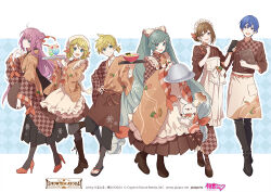 2boys 4girls animal apron aqua_eyes aqua_hair black_pants black_socks blonde_hair blue_eyes blue_hair boots bow bowl braid brown_eyes brown_footwear brown_hair brown_kimono brown_skirt butter buttons carrot_hair_ornament carrot_slice character_name checkered_clothes checkered_kimono chef_hat cherry closed_mouth commentary company_name copyright_notice double-breasted everyone food food-themed_hair_ornament fork_hair_ornament from_side fruit full_body gradient_hair green_pepper hair_bow hair_bun hair_ornament hairclip hand_on_own_hip hat hatsune_miku high_heel_boots high_heels holding holding_ladle holding_menu holding_tray jacket japanese_clothes kagamine_len kagamine_rin kaito_(vocaloid) kappougi kimono knee_boots lace-up_boots ladle long_skirt looking_at_viewer low_twin_braids maid maid_headdress megurine_luka meiko meiko_(vocaloid) melon_soda menu multicolored_hair multiple_boys multiple_girls neckerchief noodles nori_(seaweed) official_art open_mouth pants pink_hair pleated_skirt ponytail rabbit rabbit_yukine ramen red_bow red_footwear red_neckerchief sandals second-party_source serving_dome short_hair short_ponytail skirt smile snowflake_print socks spoon_hair_ornament squash standing standing_on_one_leg star-shaped_food star_(symbol) striped_sleeves talunilu_uu3 tenugui toeless_legwear tray twin_braids twintails vegetable_print vocaloid wa_maid waist_apron white_apron white_bow white_jacket wide_sleeves yuki_kaito yuki_len yuki_luka yuki_meiko yuki_miku yuki_miku_(2024) yuki_rin zouri