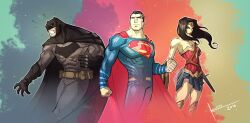 1girl 2boys abs absurdres batman batman_(series) belt_pouch black_cape black_gloves black_hair blue_skirt bodysuit cape circlet commentary commission cowboy_shot dc_comics eye_mask gloves grey_bodysuit highres holding holding_sword holding_weapon kevin_shah long_hair multiple_boys muscular muscular_male pouch red_cape short_hair skirt superhero_costume superman superman_(series) sword weapon wonder_woman wonder_woman_(series)
