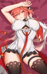 1girl absurdres bare_shoulders breasts changli_(wuthering_waves) hair_between_eyes haqkechun highres long_hair looking_at_viewer multicolored_hair pink_hair smile solo wuthering_waves yellow_eyes