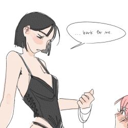 2girls alien_stage black_leotard bob_cut english_text femdom highres holding holding_leash leash leotard mizi_(alien_stage) multiple_girls pet_play pink_hair short_hair simple_background speech_bubble sua_(alien_stage) white_background y4ntaoist yuri
