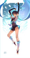 1boy absurdres anemo_symbol_(genshin_impact) aqua_cape aqua_hair aqua_kimono aqua_sleeves arms_up belt black_bodysuit black_bridal_gauntlets black_hair black_leggings black_shorts blue_gemstone blue_shorts bodysuit bridal_gauntlets bulge cape clenched_hand covered_erect_nipples crotch eyelashes feathers floating full_body gem genshin_impact glowing glowing_eyes glowing_markings grey_belt highres japanese_clothes juban kimono layered_sleeves leg_warmers leggings levitation male_focus multicolored_hair nero_hanken open_clothes open_kimono open_mouth pom_pom_(clothes) purple_eyes purple_rope purple_sash rope sash scaramouche_(genshin_impact) short_sleeves shorts shoulder_peek solo stirrup_legwear streaked_hair toeless_legwear toenails toes two-sided_shorts vision_(genshin_impact) wanderer_(genshin_impact) watermark white_kimono white_leg_warmers white_sleeves wispy_bangs yellow_feathers