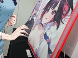 artist_self-reference black_hairband blue_eyes blush bow bowtie breasts chigusa_minori choker cleavage collared_shirt commentary_request dakimakura_(object) female_pervert hair_ornament hairband highres large_breasts long_hair long_sleeves meta multicolored_hair multiple_girls open_clothes open_mouth open_shirt pervert photo_background pillow purple_eyes saotome_shino_(shino_to_ren) school_uniform shino_to_ren shirayuki_ren shirt short_hair smile streaked_hair sweatdrop sweater_vest tongue tongue_out white_shirt yuri