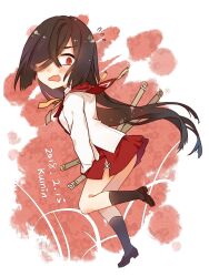 Rule 34 | 1girl, artist name, black hair, black shoes, black socks, blush, chibi, commentary request, dated, fang, flying sweatdrops, from side, full body, hair over one eye, highres, katana, kneehighs, kumin (6939359), loafers, long hair, long sleeves, looking at viewer, minoseki gakuin uniform, neck ribbon, one eye covered, open mouth, origami yukari, red eyes, red sailor collar, red skirt, ribbon, sailor collar, school uniform, shirt, shoes, sidelocks, skin fang, skirt, socks, solo, sword, toji no miko, very long hair, weapon, white shirt, winter uniform, yellow ribbon