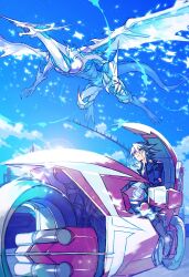 Rule 34 | 1boy, black hair, blonde hair, blue eyes, blue sky, boots, d-wheel, dragon, driving, duel monster, ebira, facial tattoo, fudo yusei, highres, jacket, lens flare, male focus, motor vehicle, motorcycle, multicolored hair, open clothes, open jacket, pants, sky, spiked hair, stardust dragon, streaked hair, tattoo, two-tone hair, yu-gi-oh!, yu-gi-oh! 5d&#039;s