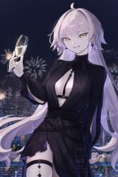 Rule 34 | 1girl, ahoge, black dress, breasts, center opening, cleavage, cup, dress, drinking glass, earrings, fate/grand order, fate (series), grey hair, grin, highres, jeanne d&#039;arc alter (fate), jeanne d&#039;arc alter (flames of applause) (fate), jewelry, long hair, long sleeves, looking at viewer, night, night sky, sky, smile, solo, suwa (swk kkk), thigh strap, turtleneck, turtleneck dress, yellow eyes