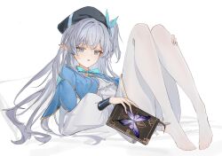 1girl absurdres aqua_bow aqua_bowtie black_hat book bow bowtie bug butterfly commentary dress flantia grey_eyes grey_hair hair_between_eyes hat highres holding holding_book insect legs_together long_hair long_sleeves looking_at_viewer lying no_shoes on_back open_mouth original pantyhose pillow pointy_ears purple_butterfly solo white_dress white_pantyhose