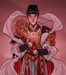 1boy abstract_background armor belt black_eyes black_hair black_hat bracer cape chinese_armor chinese_clothes closed_mouth commentary cowboy_shot earrings english_commentary eyeliner facial_mark flower fmd forehead_mark gloves glowing_flower hanfu hat highres holding holding_flower holding_weapon jewelry looking_at_viewer makeup male_focus ornate_armor ornate_clothes patterned_clothing pauldrons prince red_background red_belt red_eyeliner red_flower shoulder_armor signature smile solo standing tianguan_cifu weapon white_hanfu xie_lian xie_lian_(flower_crowned_martial_god)