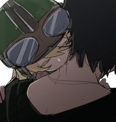 1boy 1girl araragi_koyomi biting black_hair blonde_hair blood goggles goggles_on_headwear helmet highres masshutake monogatari_(series) oshino_shinobu sketch vampire