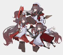 Rule 34 | brown hair, brown thighhighs, chinese clothes, eyewear on head, flower-shaped pupils, genshin impact, hair rings, hat, highres, hu tao (cherries snow-laden) (genshin impact), hu tao (genshin impact), long hair, merry-san, official alternate costume, red-tinted eyewear, red goggles, red skirt, round eyewear, skirt, staff of homa (genshin impact), sunglasses, symbol-shaped pupils, thighhighs, tinted eyewear, very long hair, white hat, yellow-framed eyewear