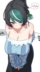 1girl absurdres black_hair blue_eyes blue_sweater breasts cleavage closed_mouth collarbone earrings green_hair hashtag-only_commentary highres jewelry multicolored_hair orchidea_(zenless_zone_zero) simple_background smile solo sweater w.k white_background white_hair zenless_zone_zero