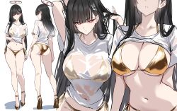 1girl ass bikini black_hair black_halo blue_archive breasts bright_pupils cleavage closed_mouth gold_bikini golden_week golden_week_bikini hair_ornament halo high_heels highres large_breasts multiple_views navel red_eyes rio_(blue_archive) shigure_s shirt side-tie_bikini_bottom stomach swimsuit wet wet_clothes wet_shirt white_pupils white_shirt
