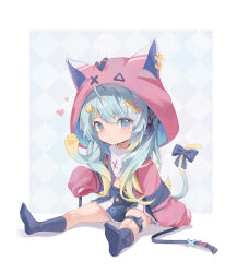1girl :/ absurdres animal_ear_hood animal_ears animal_hands blonde_hair blue_hair blue_skirt blue_socks blue_tail checkered_background chinese_commentary closed_mouth commentary_request crop_top deformed fake_animal_ears full_body gradient_hair gradient_tail highres hood hood_up hooded_jacket indie_virtual_youtuber jacket lanmewko legs_apart looking_at_viewer midori_fufu midriff miniskirt multicolored_hair multicolored_tail no_shoes pink_jacket shirt sitting skirt sleeves_past_fingers sleeves_past_wrists socks solo tail thigh_strap two-tone_tail virtual_youtuber white_shirt yellow_tail