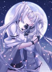 2girls anchor_symbol black_gloves black_sailor_collar black_skirt blush bodysuit breasts closed_eyes dated from_side full_moon fuyutsuki_(kancolle) gloves grey_hair hachimaki hair_between_eyes headband highres huge_moon kabocha_torute kantai_collection kiss large_breasts long_hair medium_breasts miniskirt moon multiple_girls night night_sky one_side_up outdoors partially_fingerless_gloves petals pleated_skirt profile sailor_collar skirt sky suzutsuki_(kancolle) twitter_username very_long_hair white_headband white_sailor_collar white_skirt yuri