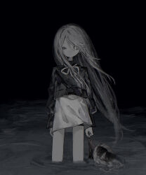 1girl absurdres arms_at_sides black_background closed_mouth commentary cowboy_shot dark doll expressionless glint greyscale hair_between_eyes half-closed_eye highres holding holding_doll long_hair long_sleeves looking_at_viewer monochrome neck_ribbon night original ribbon shirt solo sparkling_eyes standing ume_(ume_x0x) uneven_eyes wading water