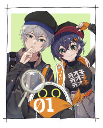 1boy 1girl bangboo_(zenless_zone_zero) belle_(zenless_zone_zero) black_hat black_shirt blue_hair blue_jacket brother_and_sister crossed_bangs detective eous_(zenless_zone_zero) fingerless_gloves gloves green_eyes grey_hair hair_ornament hand_on_own_chin hat highres holding holding_magnifying_glass jacket letter_hair_ornament looking_at_viewer magnifying_glass newsboy_cap ofuton_tamago orange_gloves shirt siblings single_fingerless_glove smile upper_body wise_(zenless_zone_zero) zenless_zone_zero