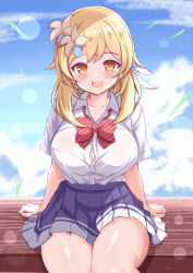 Rule 34 | 1girl, alternate costume, blonde hair, blue skirt, blush, bow, bowtie, breasts, cloud, collarbone, collared shirt, commentary request, day, genshin impact, highres, large breasts, looking at viewer, lumine (genshin impact), one-hour drawing challenge, open mouth, outdoors, pleated skirt, red bow, red bowtie, shirt, short hair with long locks, sitting, skirt, solo, striped bow, striped bowtie, striped clothes, white shirt, xenon (for achieve), yellow eyes