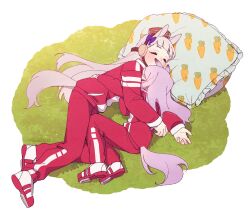 2girls animal_ears bow brown_headwear commentary_request ear_ribbon ggubii0225 gold_ship_(umamusume) grey_hair gym_uniform highres horse_ears horse_girl horse_tail horseshoe_ornament jacket korean_commentary long_hair lying mejiro_mcqueen_(umamusume) multiple_girls on_side pants pillbox_hat pillow red_jacket red_pants red_track_suit sleeping tail tracen_training_uniform track_jacket track_pants track_suit twitter_username umamusume umamusume_(anime) yogibo