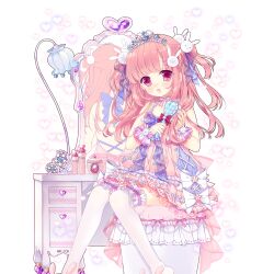 1boy animal_slippers brushing_hair bunny_slippers crossdressing desk dress frilled_thighhighs frills hair_ornament hair_ribbon heart heart_background jerry_lemon lamp long_hair male_focus mirror moriyama_shijimi pink_dress pink_eyes pink_hair rabbit_hair_ornament ribbon short_dress simple_background sitting slippers solo thighhighs trap uchi_no_hime-sama_ga_ichiban_kawaii white_ribbon white_thighhighs
