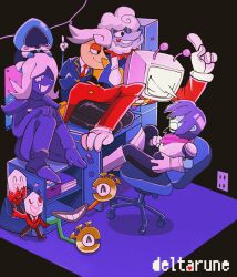 Rule 34 | ant tenna, crt, deltarune, elnina (deltarune), gloves, highres, kris (dark world) (deltarune), kris (deltarune), lancer (deltarune), lanino (deltarune), necktie, object head, pants, pippins (deltarune), pointy nose, rouxls kaard, shio tou, shuttah (deltarune), surprised, tailcoat, television, white gloves, yellow necktie