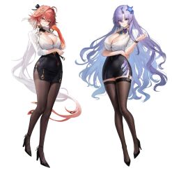 2girls ahoge alternate_costume arm_under_breasts black_collar black_pantyhose black_shoes black_skirt black_thighhighs blue_eyes blue_flower body_markings braid breasts cantarella_(wuthering_waves) changli_(wuthering_waves) chirang cleavage closed_mouth collar collared_shirt colored_extremities commentary_request duplicate earrings facial_mark feather_hair flower hair_between_eyes hair_extensions hair_flower hair_intakes hair_ornament hand_up high_heels highres jewelry korean_commentary large_breasts long_hair looking_at_viewer mark_under_eye merchandise_available multicolored_hair multiple_girls pantyhose parted_lips pink_hair purple_hair red_hands ring_hair_extensions shirt shoes skirt smile taut_clothes taut_skirt thighband_pantyhose thighhighs thighs twin_braids two-tone_hair very_long_hair white_hair white_shirt wuthering_waves yellow_eyes
