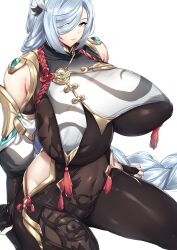 1girl absurdres black_bodysuit black_gloves bodysuit braid breast_curtain breasts closed_mouth clothing_cutout commentary covered_erect_nipples covered_navel curvy english_commentary expressionless feet_out_of_frame fingerless_gloves genshin_impact gigantic_breasts gloves gold_trim grey_eyes grey_hair hair_between_eyes hair_ornament hair_over_one_eye highres hip_vent inverted_nipples lips long_hair looking_at_viewer low-braided_long_hair low-tied_long_hair mixed-language_commentary perky_breasts rope shenhe_(genshin_impact) shoulder_cutout simple_background sitting solo tassel thirty_8ght very_long_hair white_background