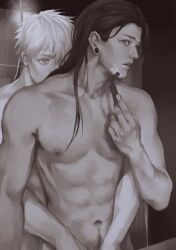 2boys 3aem abs black_hair closed_mouth collarbone commentary completely_nude getou_suguru gojou_satoru greyscale hug hug_from_behind jujutsu_kaisen lips male_focus monochrome multiple_boys navel navel_hair nipples nose nude pectorals plug_(piercing) shaving short_hair teeth toned toned_male upper_body