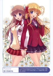 10s 2girls ;d absurdres antenna_hair august_soft blonde_hair blue_eyes brown_hair clothes_lift company_connection cowboy_shot daitoshokan_no_hitsujikai daitoshokan_no_hitsujikai:_a_good_librarian_like_a_good_shepherd fortune_arterial highres holding_hands miniskirt multiple_girls one_eye_closed open_mouth plaid_clothes plaid_skirt purple_eyes sasaki_akane school_uniform sendou_erika shirasaki_tsugumi shirazaki_tsugumi skirt skirt_lift smile sweater_vest vest wink