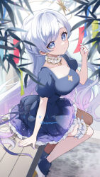 1girl blue_dress blue_eyes blue_hair blue_shoes braid breasts brown_pantyhose choker cleavage cleavage_cutout closed_mouth clothing_cutout commentary_request commission dress earrings frilled_choker frilled_thigh_strap frills gradient_hair halo highres indie_virtual_youtuber jewelry large_breasts long_hair looking_at_viewer mizuhoshi_lyra momoyama_momo multicolored_hair necklace on_bench pantyhose pink_hair pink_nails puffy_short_sleeves puffy_sleeves shoes short_sleeves single_leg_pantyhose sitting skeb_commission smile solo star_(symbol) star_cutout star_earrings star_in_eye star_necklace swept_bangs symbol_in_eye thigh_strap two-tone_hair very_long_hair virtual_youtuber white_choker yellow_halo