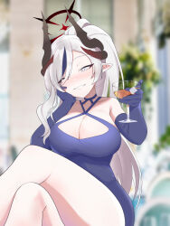 1girl absurdres bare_shoulders black_horns blue_archive blue_dress blue_gloves blurry blurry_background blush breasts cleavage collarbone commentary cowboy_shot cran_berrie criss-cross_halter crossed_legs cup curvy demon_girl demon_horns dress drinking_glass elbow_gloves eyebrows_hidden_by_hair gloves grey_eyes grey_hair grin hair_over_one_eye halo halterneck hand_on_own_cheek hand_on_own_face hand_up hands_up highres holding holding_cup horns large_breasts long_hair looking_at_viewer makoto_(blue_archive) makoto_(dress)_(blue_archive) multiple_horns nose_blush official_alternate_costume official_alternate_hairstyle pointy_ears ponytail red_halo sharp_teeth short_dress single_sidelock sitting sleeveless sleeveless_dress slit_pupils smile solo teeth thighs tsurime very_long_hair wine_glass