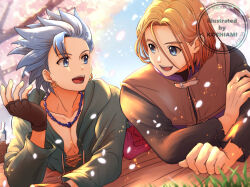 2boys :d artist_name bead_necklace beads black_shirt blue_eyes blue_hair blue_sky blurry blurry_background bottle brown_gloves brown_hair brown_jacket camus_(dq11) cherry_blossoms collarbone commentary_request couple cross-laced_clothes dragon_quest dragon_quest_xi earrings falling_petals fingerless_gloves gloves gold_earrings grass green_tunic hoop_earrings jacket jewelry koshi_(meermisa) looking_at_another looking_to_the_side lying male_focus medium_hair multicolored_jacket multiple_boys necklace on_stomach open_mouth outdoors parted_hair petals pink_petals pixiv_id purple_jacket red_sash sash shirt short_hair single_bang sky sleeveless sleeveless_jacket smile spiked_hair spring_(season) tunic twitter_username two-tone_jacket upper_body yaoi