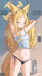 1girl absurdres akizuki_kawakaze animal_ear_fluff animal_ears bird black_panties blonde_hair blue_archive camisole cross_halo ear_wreath extra_ears flower_wreath forehead fox_ears fox_girl gradient_eyes halo hands_in_own_hair highres locker long_hair multicolored_eyes navel panties seia_(blue_archive) side-tie_panties solo strap_slip string_panties underwear underwear_only white_bird white_camisole yellow_halo
