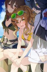 3girls absurdres agnes_tachyon_(lunatic_lab)_(umamusume) agnes_tachyon_(umamusume) animal_ears beach belt bikini bikini_top_only black_bikini black_hair blue_shorts blush breasts brown_hair cardigan closed_mouth crossed_legs empty_eyes eyewear_on_head green-tinted_eyewear green_shirt hair_between_eyes hands_on_own_leg hat hat_on_back high_ponytail highres horizon horse_ears horse_girl horse_tail interlocked_fingers jungle_pocket_(tobasuze_hot_summer!)_(umamusume) jungle_pocket_(umamusume) komeko97 leaning_forward long_hair long_hair_between_eyes long_sleeves looking_at_viewer looking_back manhattan_cafe_(tobasuze_hot_summer!)_(umamusume) manhattan_cafe_(umamusume) medium_breasts multiple_girls navel no_pants ocean official_alternate_costume official_alternate_hairstyle open_clothes open_fly open_mouth open_shorts own_hands_together ponytail sandals shirt short_sleeves shorts sitting small_breasts smile standing stomach sunglasses swimsuit swimsuit_under_clothes tail tied_shirt tinted_eyewear torn_clothes torn_shorts umamusume very_long_hair water white_cardigan yellow_eyes