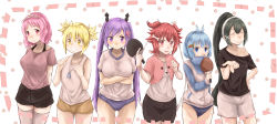 Rule 34 | 6+girls, animal print, arrow hair ornament, blonde hair, blue eyes, blush, bone hair ornament, breasts, carrot hair ornament, commentary request, closed eyes, food-themed hair ornament, green hair, hair ornament, hair ribbon, hairband, highres, itsumo hokuto, jacket, kamiya agari, long hair, long twintails, miel 89ul, multiple girls, off shoulder, oomune mune, paddle, pink eyes, pink hair, ponytail, purple hair, red eyes, ribbon, shakunetsu no takkyuu musume, short hair, short twintails, shorts, smile, sweatband, table tennis paddle, tenka hanabi, thighhighs, track jacket, tsumujikaze koyori, twintails, ushirode kiruka, x hair ornament, yellow eyes