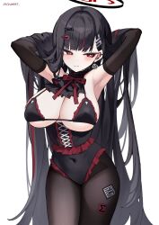 1girl absurdly_long_hair alternate_costume arms_up artist_name bikini black_bikini black_bow black_gloves black_hair black_halo black_leotard black_pantyhose blue_archive bow breastless_clothes breastless_leotard breasts bright_pupils closed_mouth covered_groin covered_navel cowboy_shot ear_piercing earrings elbow_gloves eyelashes facing_viewer frilled_bikini frills gloves hair_bow hair_ornament hairclip halo hand_in_own_hair highleg highleg_leotard highres jewelry large_breasts leotard light_blush long_hair looking_to_the_side oninaart pantyhose piercing red_bow red_eyes rio_(blue_archive) shy simple_background solo standing straight_hair string_bikini swimsuit tsurime very_long_hair white_background white_pupils