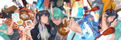2girls alcohol aqua_hair aqua_nails arknights arm_around_neck steamed_bun bare_arms bare_shoulders beer beer_bottle black_footwear black_jacket black_pants black_shirt black_shorts black_sleeves blue_hair boots bottle ch&#039;en_(arknights) chinese_commentary chopsticks closed_eyes collared_shirt commentary_request cropped_legs cup dragon_horns food food_request foot_out_of_frame from_behind from_below from_side full_body grey_shirt grin hand_in_another&#039;s_hair high_heels highres holding holding_bottle holding_chopsticks holding_cup holding_menu horns hoshiguma_(arknights) imminent_kiss jacket long_hair lower_teeth_only mcmeao menu multiple_girls multiple_views nail_polish necktie on_chair open_clothes open_jacket open_mouth orange_hair over-kneehighs pants plate shirt shorts single_horn sitting skin-covered_horns sleeveless sleeveless_shirt smile socks table tablecloth tea teeth thick_eyebrows thighhighs upper_body upper_teeth_only v-shaped_eyebrows white_background white_socks yellow_necktie yuri