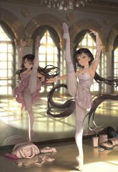 Rule 34 | 2girls, absurdres, arm up, armpits, asha (bangsom), back-seamed legwear, ballerina, ballet, ballet dress, ballet slippers, bangsom, black hair, blush, bow, breasts, bridal sleeves, brown eyes, brown hair, cleavage, curtains, dance studio, dress, en pointe, hair bow, highres, indoors, leg up, leotard, leotard peek, long hair, maya (bangsom), mole, mole under eye, multiple girls, original, pantyhose, pink dress, pink pantyhose, ribbon, seamed legwear, shoes, smile, split, standing, standing on one leg, standing split, sweat, sweatdrop, tutu, upskirt, very long hair, white dress, white leotard, white pantyhose, wrap skirt